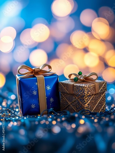 Chistmass boxes and blue and gold abstract background and bokeh on new year's eve glitter dust particle Ultra realistic  photo