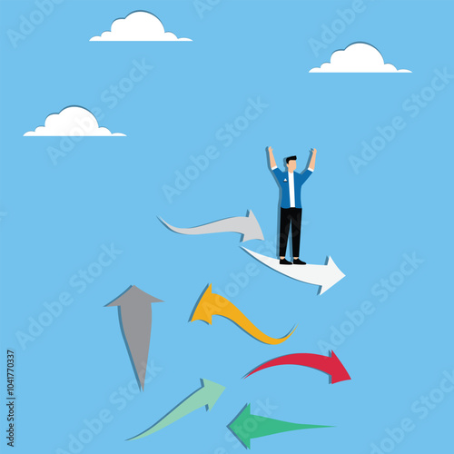 Businessman balancing on tightrope with arrows pointing in different career directions