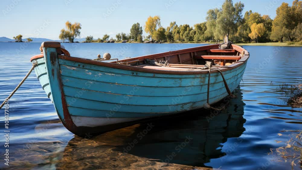 A tranquil blue boat anchored in calm waters near lush trees at sunset A tranquil blue boat anchored in calm waters near lush trees at sunset