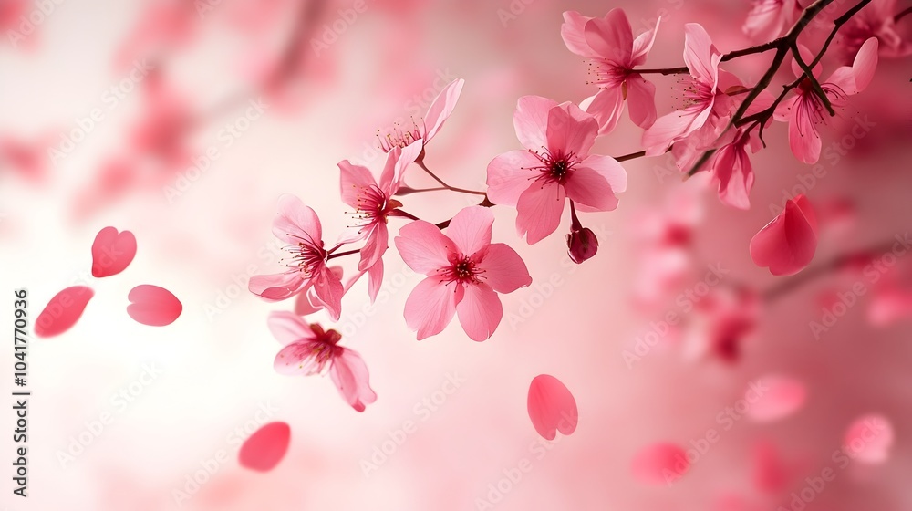 Naklejka premium Delicate Sakura Petals Cascading Across a Serene Gradient Background