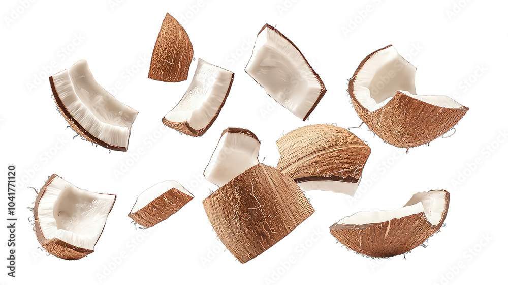 Coconut with half slices falling or floating in the air isolated on transparent background Coconut with half slices falling or floating in the air isolated on transparent background
