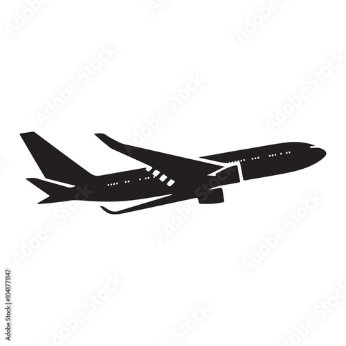 Black Airplane Silhouette on a Plain White Background.