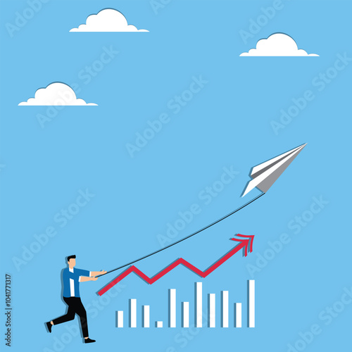 Innovative strategies, strategic agility, data-driven creativity, adapting to market changes. Business analysts flying paper airplanes with financial charts