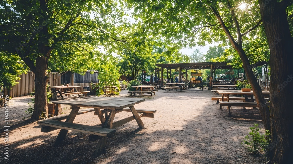 Cozy German-Style Beer Garden Scene with Wooden Benches and Shaded Trees Cozy German-Style Beer Garden Scene with Wooden Benches and Shaded Trees