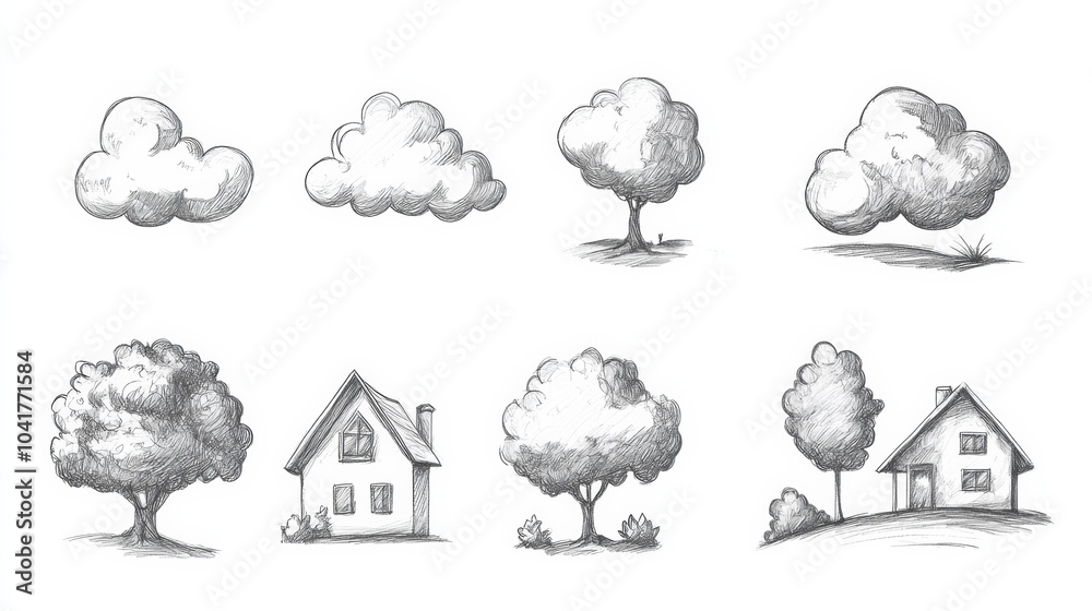 This collection features hand-drawn doodles of whimsical clouds, trees, and houses, showcasing playful creativity in a sketch style. Generative AI