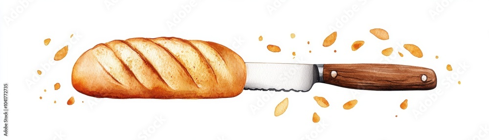 Freshly baked bread loaf with a serrated knife on a white background, ideal for culinary and baking themes. Freshly baked bread loaf with a serrated knife on a white background, ideal for culinary and baking themes.