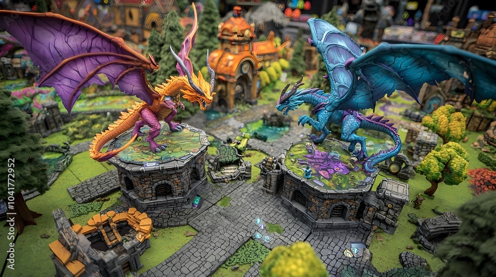 Obraz premium Visually Captivating Fantasy Adventure Board Game Featuring Mythical Creatures Exploring Enchanted Landscapes and Kingdoms