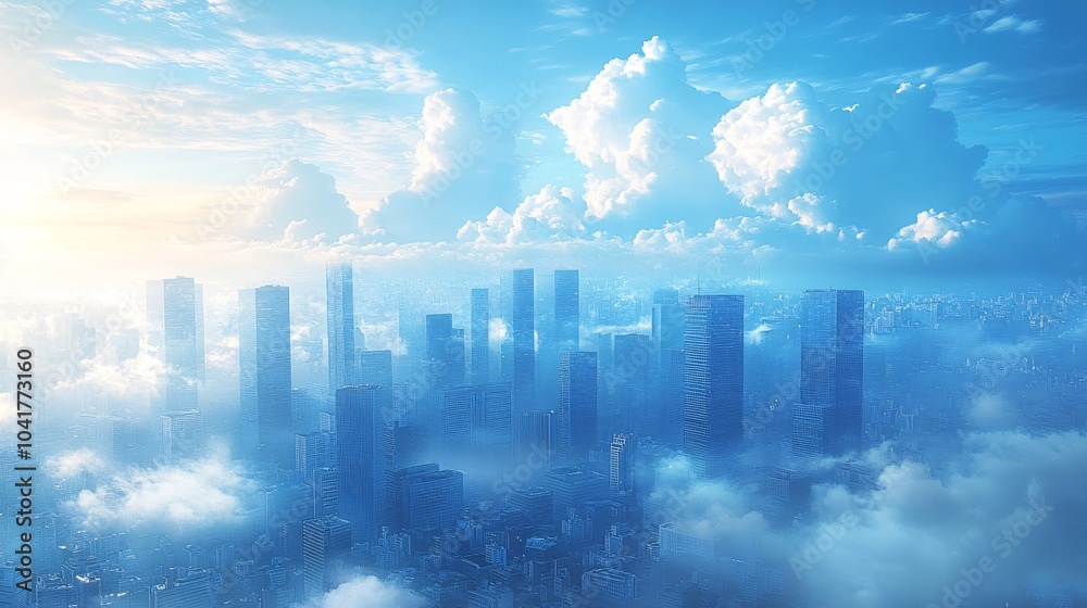 Fototapeta premium Abstract Digital Clouds Hovering Over Cityscape