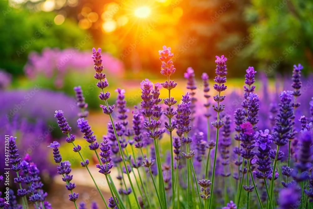 Obraz premium Bright Purple Lavender Flowers in a Garden with Blurred Background - Panoramic Photography