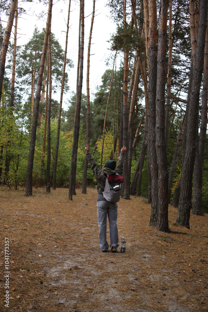 Fototapeta premium tourism. a tourist with a gray-burgundy backpack, mugs, a lantern with a compass travels through the wild forest