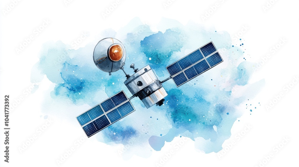 Obraz premium Illustration of a satellite in orbit with a colorful watercolor background.