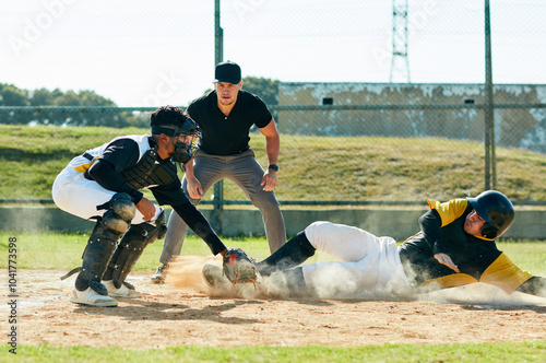 Photography Men, baseball or runner with referee or pitcher for sports, point or match in tournament or outdoor game