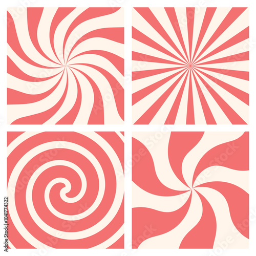 Candy cane or ice cream striped swirl backgrounds set. Twisted sunbeam pink sweet banners. Holiday texture