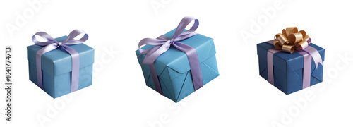 PNG Blue gift box with purple ribbon. Collection of classic luxury gift boxes with elegant ribbons. Set of gift preset boxes with ribbon of various styles. Perfect for any celebration occasion project