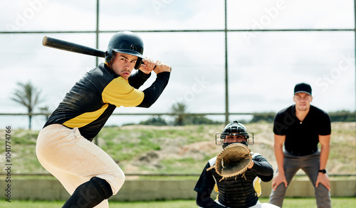 Photography Man, baseball and training with bat on field, outdoor exercise and practice challenge