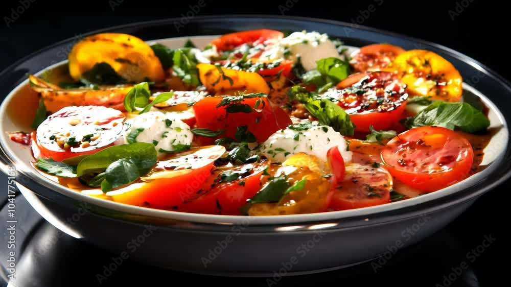 Colorful tomato salad with fresh basil and cheese in a bowl Colorful tomato salad with fresh basil and cheese in a bowl