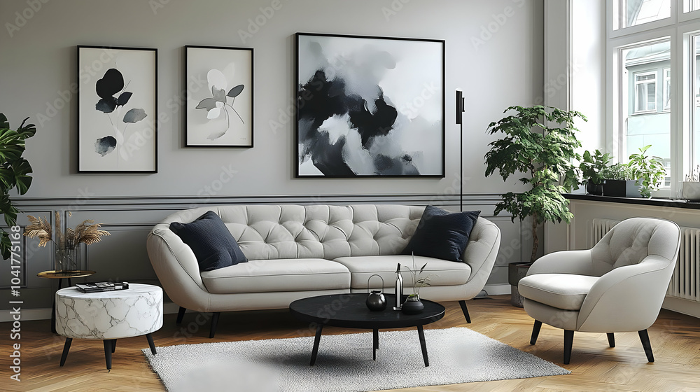 Fototapeta premium Modern Living Room Design with White Sofa, Black Coffee Table, and Grey Walls