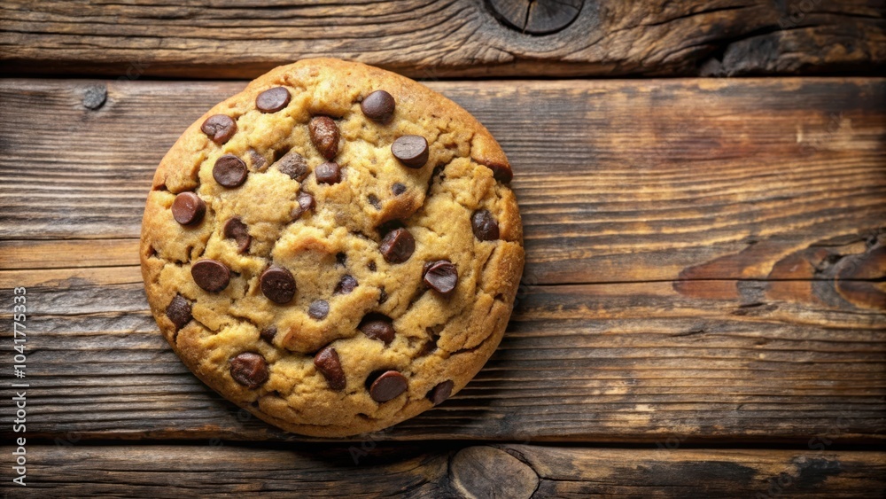 A close-up shot of a freshly baked chocolate chip cookie on a rustic wooden surface, with the cookie's golden brown dough and scattered chocolate chips creating a captivating visual appeal.