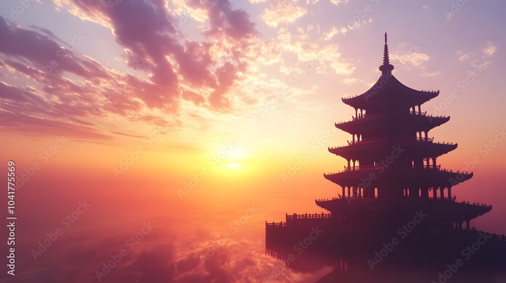 Silhouetted Pagoda Against a Captivating Sunset Sky with Vibrant Hues Silhouetted Pagoda Against a Captivating Sunset Sky with Vibrant Hues