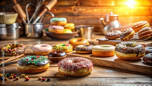 A variety of donuts with sprinkles and frosting, arranged on a wooden table with a warm, golden light from the window, adding a touch of rustic charm.