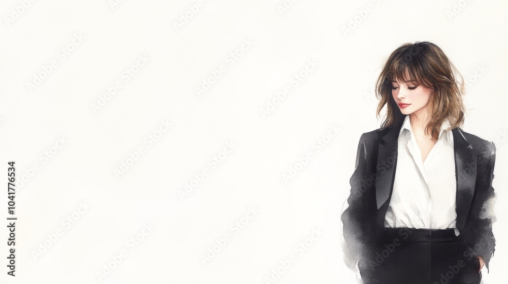 Confident and stylish, a woman in classic black suit white shirt professional