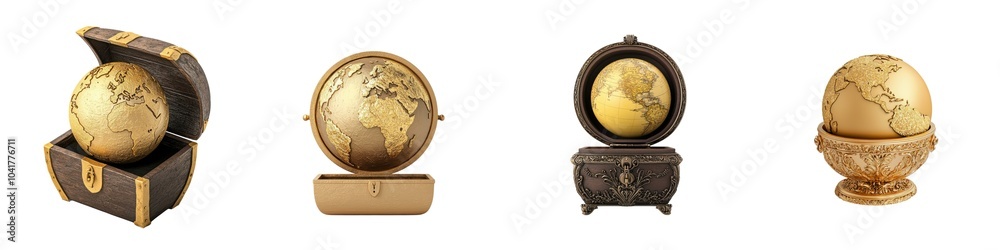 Four ornate globes with intricate designs displayed in decorative stands, showcasing craftsmanship and elegance.