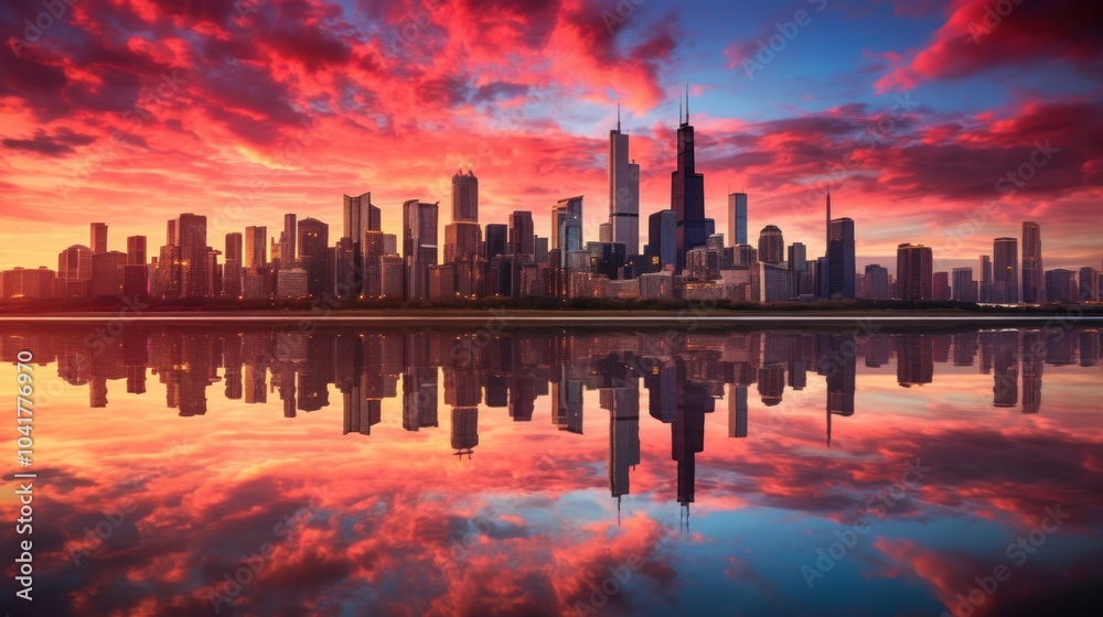 Naklejka premium Chicago Skyline at Sunset