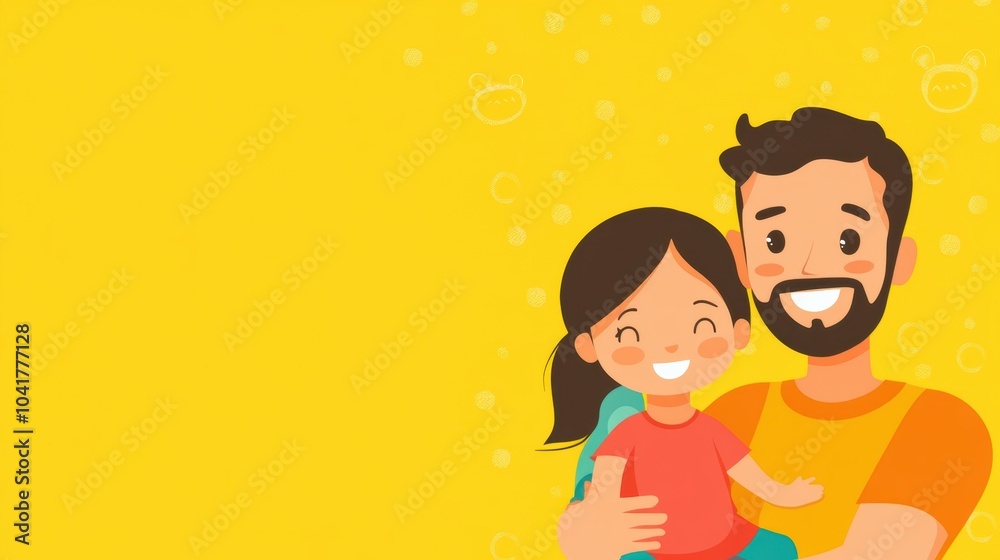 A joyful daddy proudly holds his smiling child in a warm embrace on a bright yellow background, showcasing family love and happiness. Generative AI A joyful daddy proudly holds his smiling child in a warm embrace on a bright yellow background, showcasing family love and happiness. Generative AI