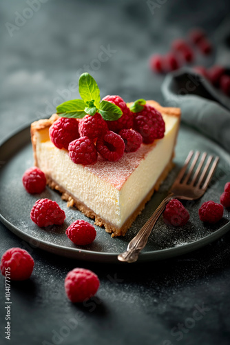 cheesecake slice with raspberries on a plate 