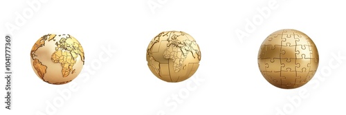 Three golden globes showcasing various world maps, symbolizing global connectivity and exploration.