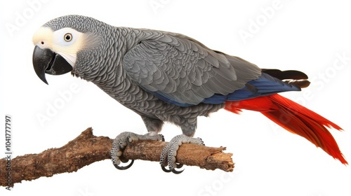 African grey parrot with striking red tail feathers, calmly perched on a branch isolated on white.