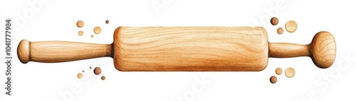 Wooden rolling pin with flour and cookie crumbs scattered around on a white background.