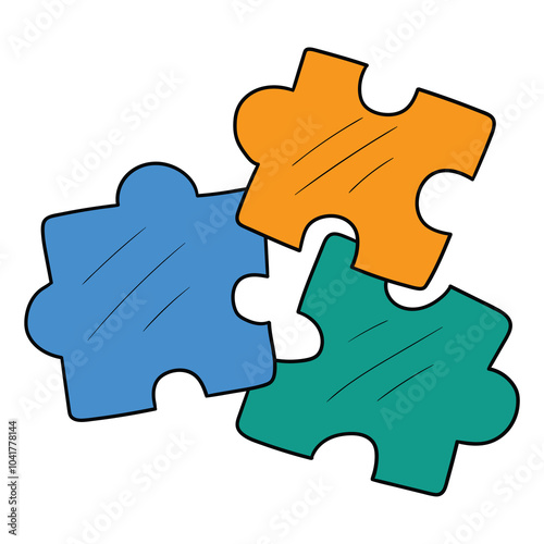 Hand drawn cartoon three colored puzzles on white background.