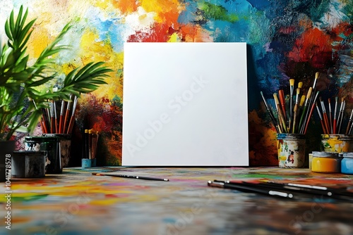 Blank white poster mockup on a colorful wall in a creative artist studio surrounded by painting supplies. 3d rendering