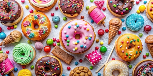 A Colorful Assortment of Glazed Doughnuts, Candy, and Ice Cream Cones Scattered on a White Surface