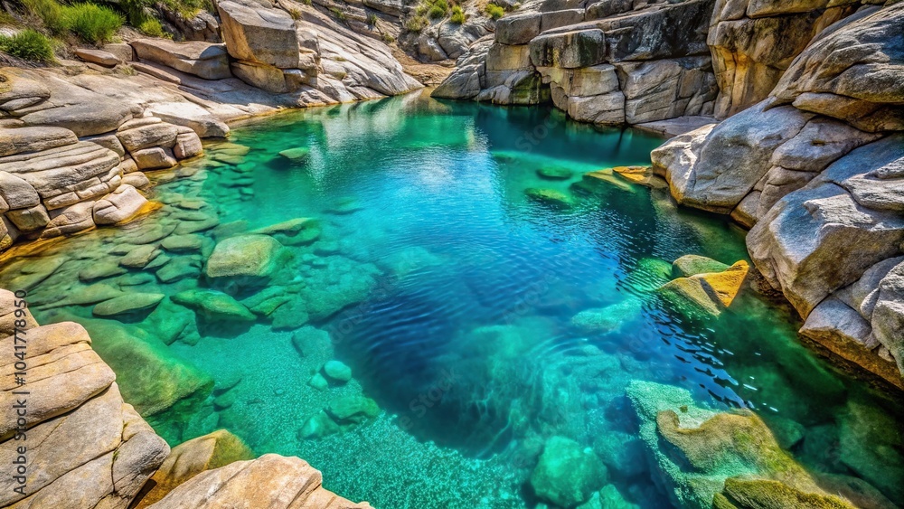 A turquoise pool of water forms on a rocky outcropping as it slowly drips away, erosion, pool, geological formation A turquoise pool of water forms on a rocky outcropping as it slowly drips away, erosion, pool, geological formation