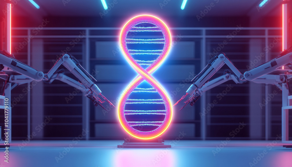 Fototapeta premium Neon DNA double helix sculpture with robotic arms in modern laboratory.