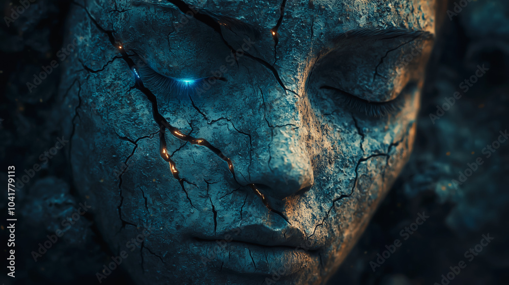 A close-up shot of an ancient, weathered statue, with cracks revealing glowing blue energy underneath. A close-up shot of an ancient, weathered statue, with cracks revealing glowing blue energy underneath.