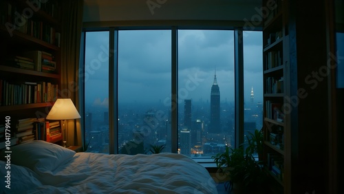 Cozy Bedroom with Nighttime City View