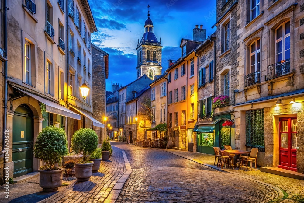 Charming Viennese Street at Night with Saint Andre le Bas Church Bell Tower Charming Viennese Street at Night with Saint Andre le Bas Church Bell Tower