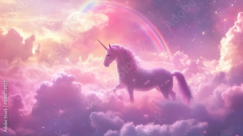 Majestic Unicorn in Dreamy Cloudscape with Rainbow