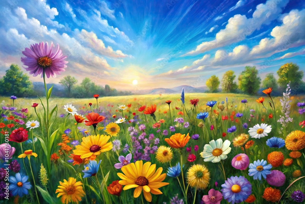 Acrylic painting of a summer flower meadow at a tilted angle Acrylic painting of a summer flower meadow at a tilted angle