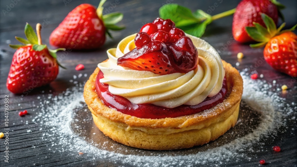 A single serving of strawberry dessert with a creamy topping and a dusting of powdered sugar A single serving of strawberry dessert with a creamy topping and a dusting of powdered sugar
