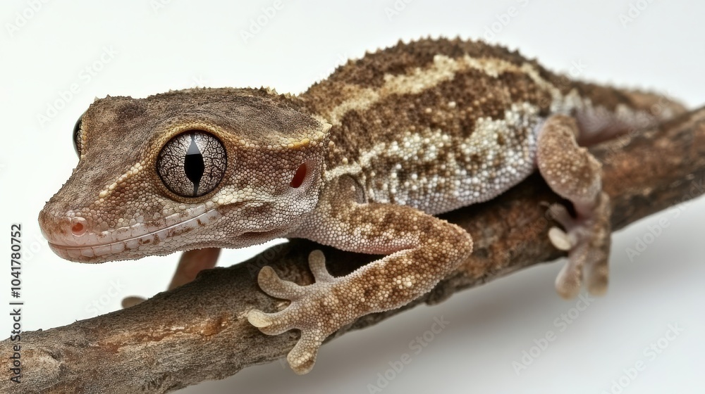 Obraz premium Gargoyle gecko with its marbled skin pattern, gripping onto a branch, isolated on white.