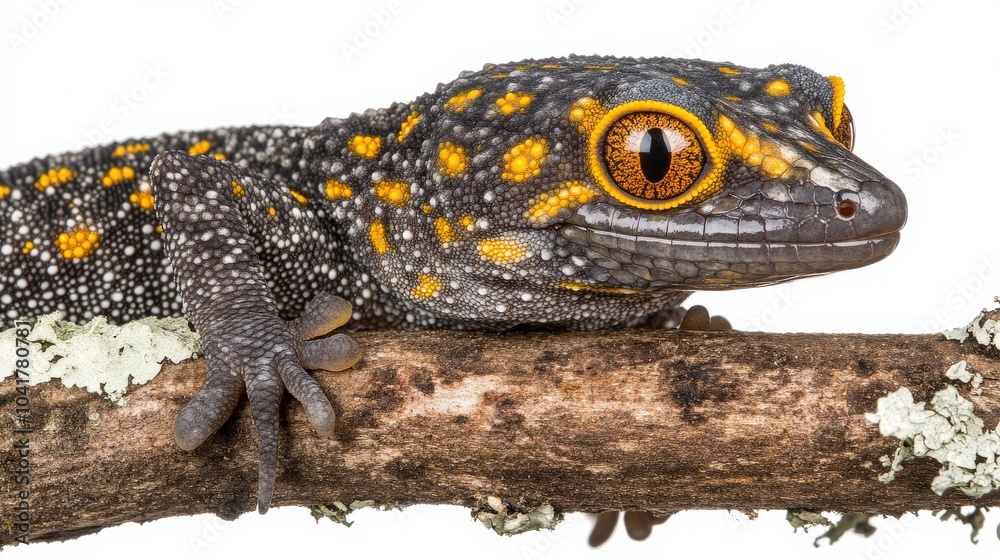 Obraz premium Gargoyle gecko with its marbled skin pattern, gripping onto a branch, isolated on white.