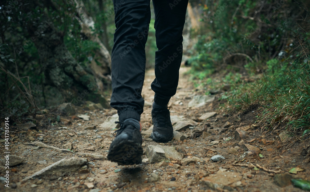 Hiking, shoes and trail with person on mountain for explore, health and adventure. Challenge, wellness and holiday with closeup trekking in nature path for walking, fitness and camping vacation Hiking, shoes and trail with person on mountain for explore, health and adventure. Challenge, wellness and holiday with closeup trekking in nature path for walking, fitness and camping vacation