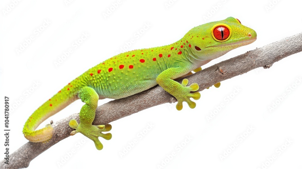 Fototapeta premium Giant day gecko with its vibrant green body and red spots perched on a branch, isolated on white.