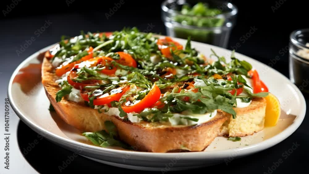 Hearty toasted bread topped with fresh vegetables and herbs on a plate Hearty toasted bread topped with fresh vegetables and herbs on a plate
