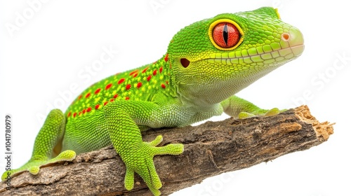 Giant day gecko with its vibrant green body and red spots perched on a branch, isolated on white. photo