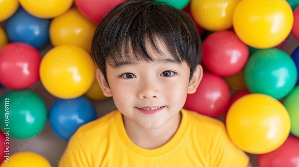 Obraz premium Asian boy with plastic balls around